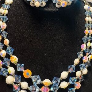Vintage Elegant Multicolor Beaded 3 strand Necklace and clip on Earring Set